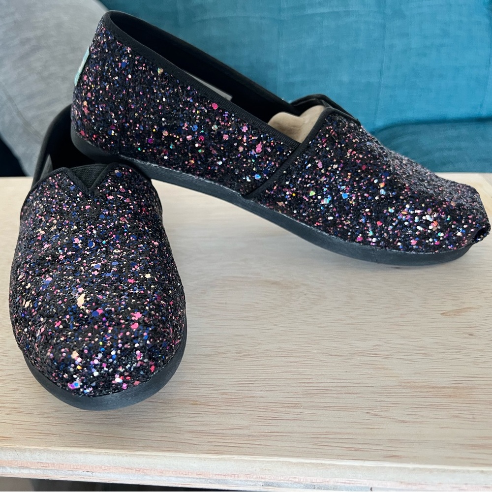 Toms Alpargata Black Glitter Shoes: Size 6